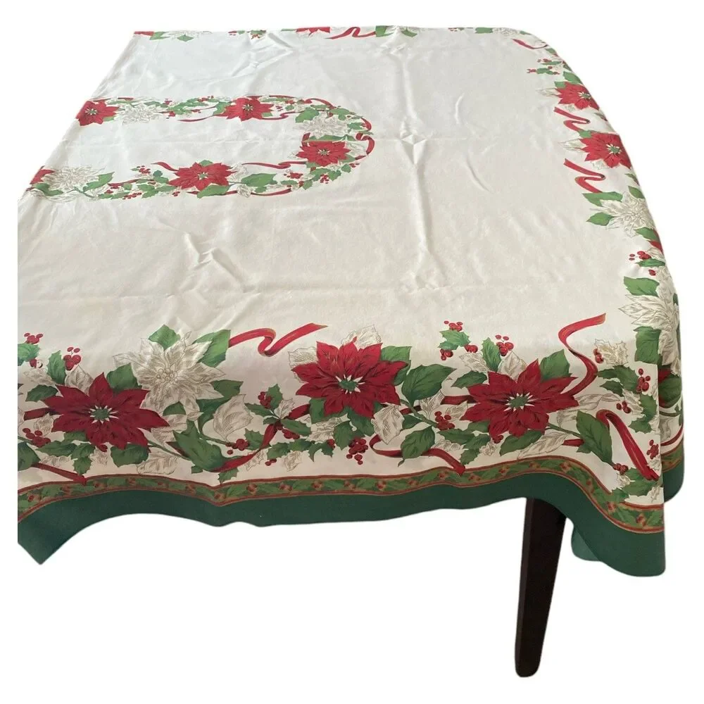 Christmas Tablecloth 60x80 Poinsettia Holly Ribbon Green Red Fashion Industries